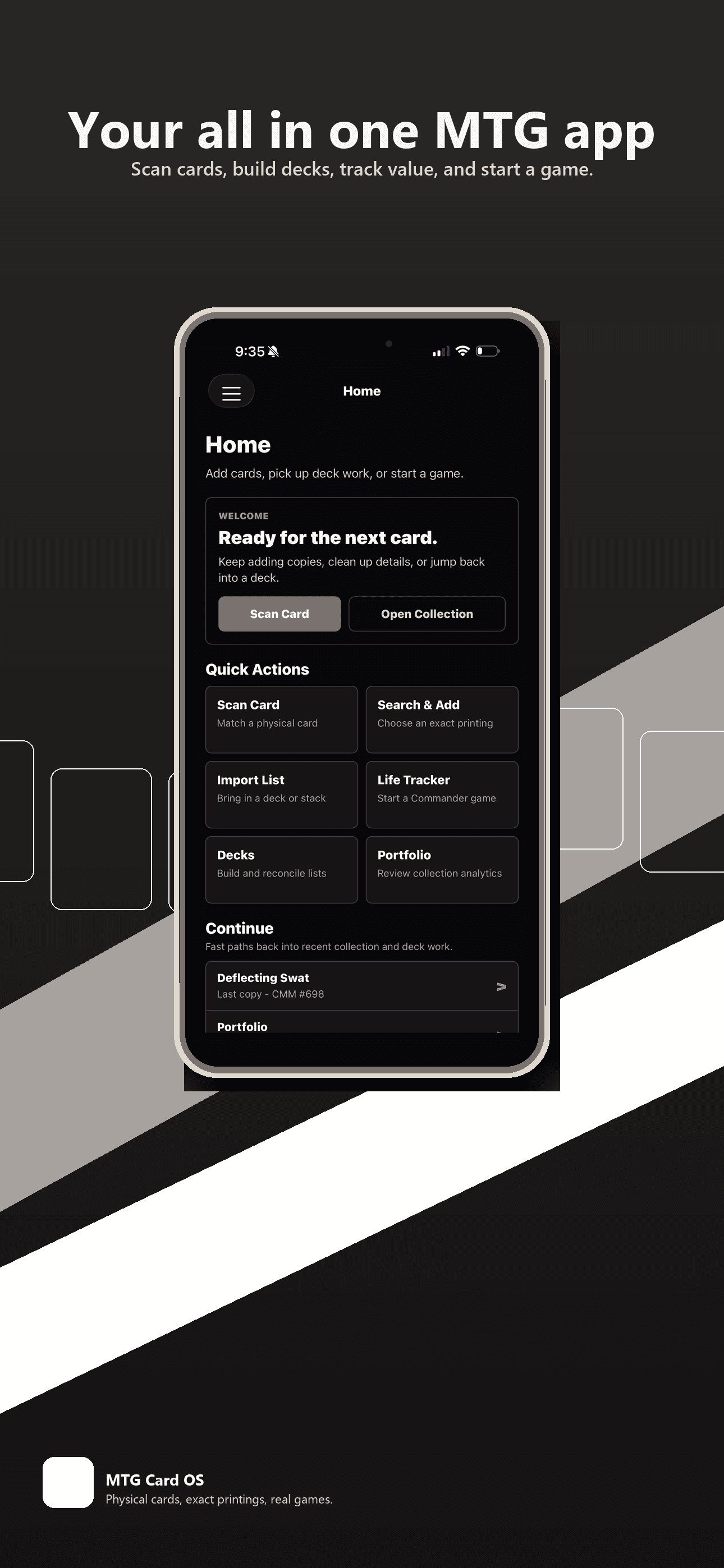 Manafold home screen with collection, scanner, deck, and life tracker shortcuts.