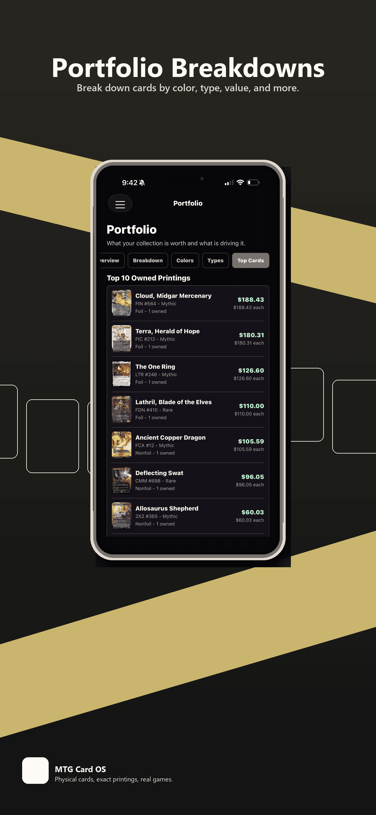Manafold portfolio screen showing estimated value and top-card breakdowns.