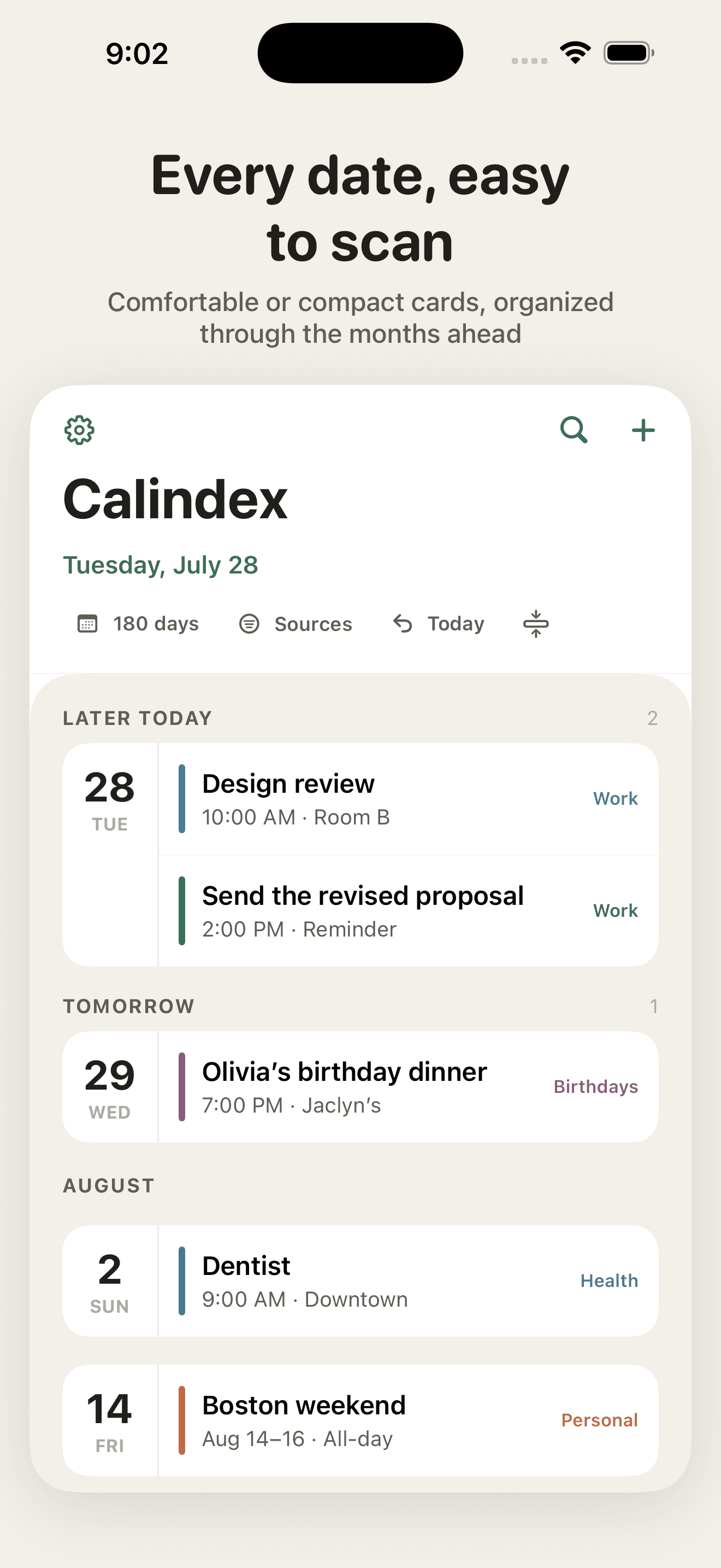 Calindex chronological agenda showing upcoming Apple Calendar events and a reminder.