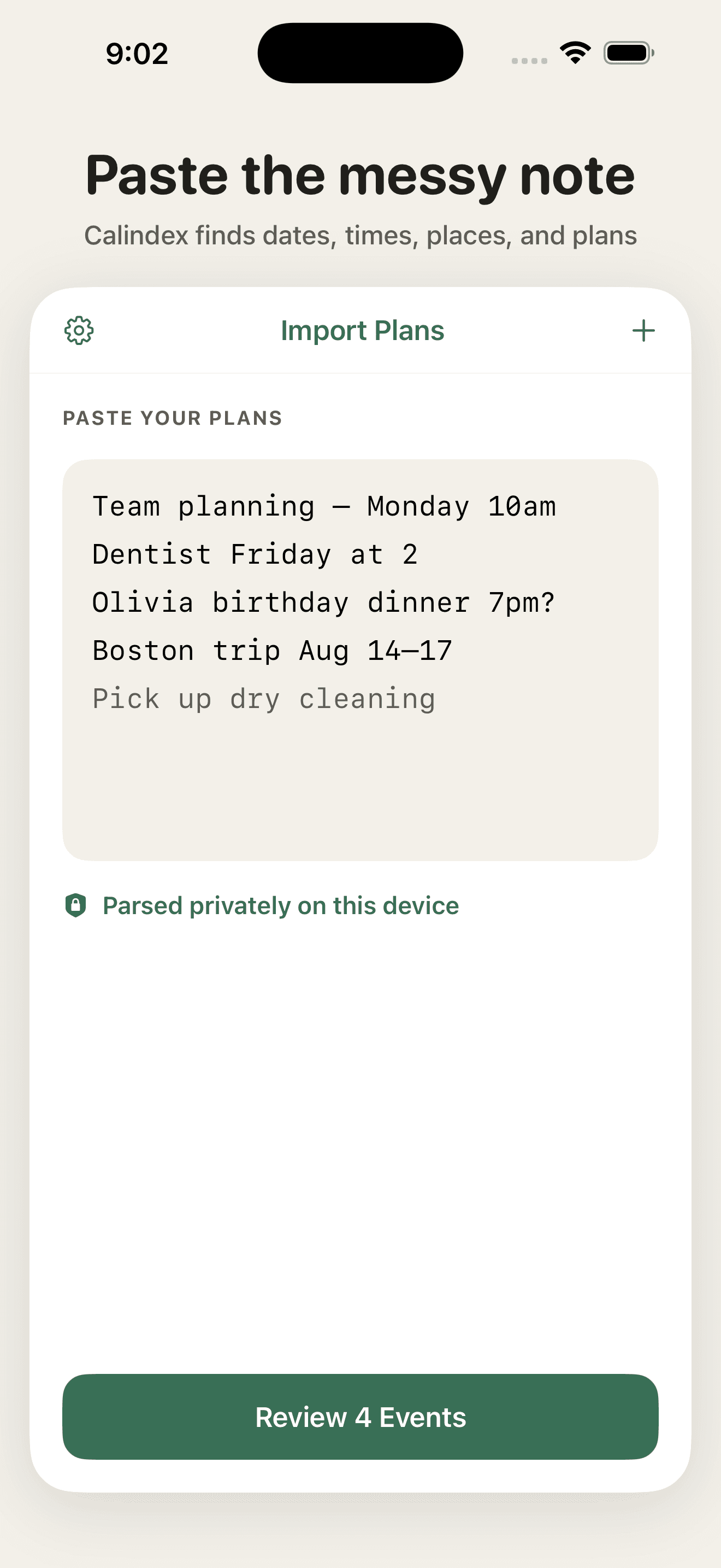 Calindex import screen with pasted plans ready for private on-device parsing.