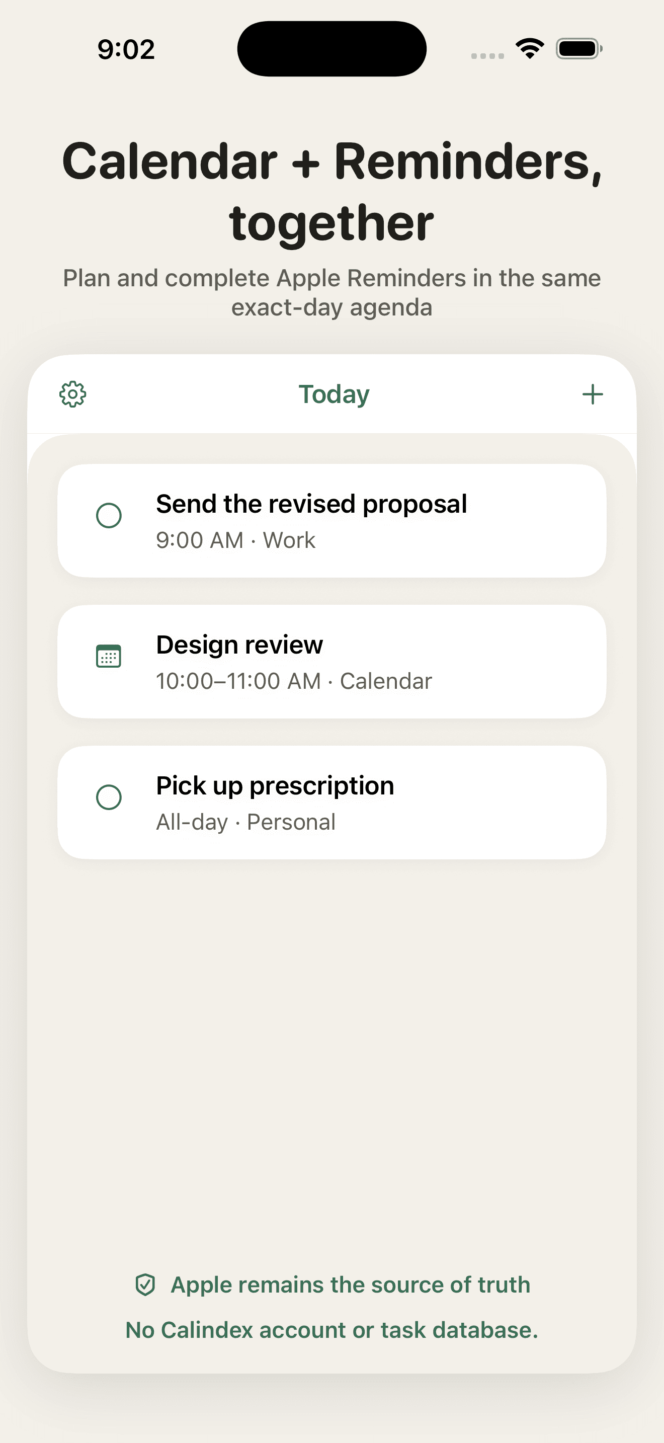 Calindex Today view showing Apple Calendar events and Apple Reminders together.